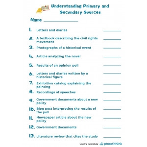 Sixth grade social studies worksheet for distinguishing between primary and secondary historical sources