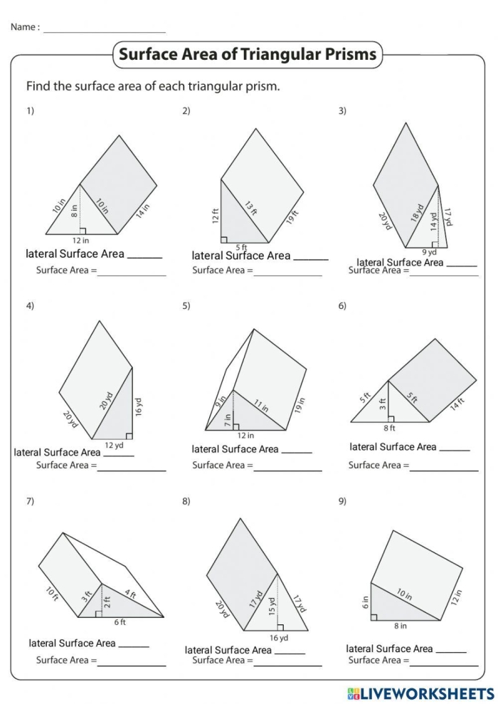 Sixth grade geometry worksheet featuring practice problems for calculating the surface area of rectangular and triangular prisms