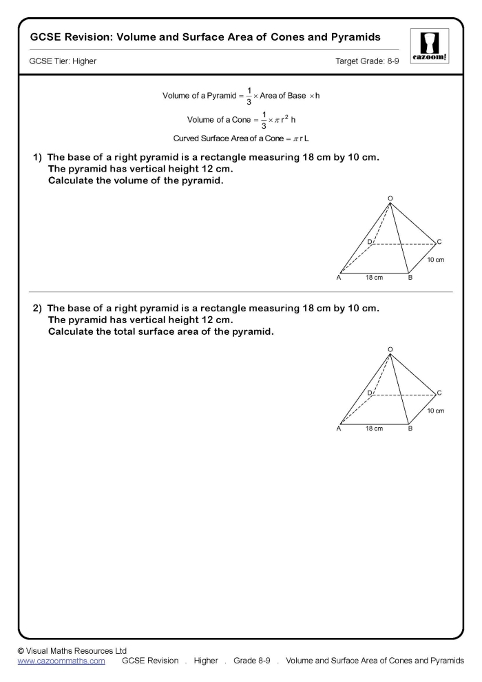 Worksheet featuring surface area calculations for square and triangular pyramids tailored for sixth graders
