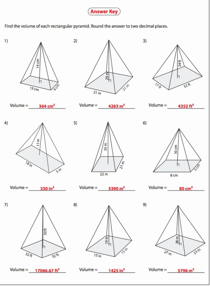 A colorful worksheet featuring geometric diagrams of square and triangular pyramids for area calculation practice