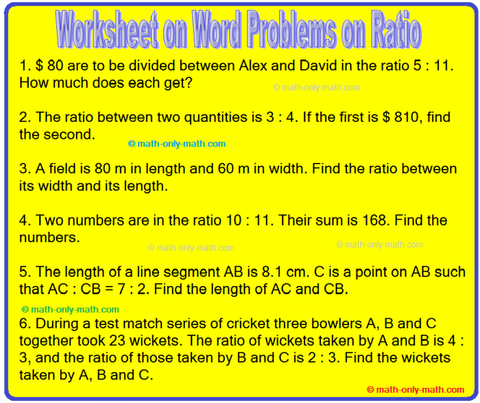 Worksheet featuring ratio word problems for sixth graders to solve. Ratio Word Problems Worksheet for practicing real-world applications of ratios.