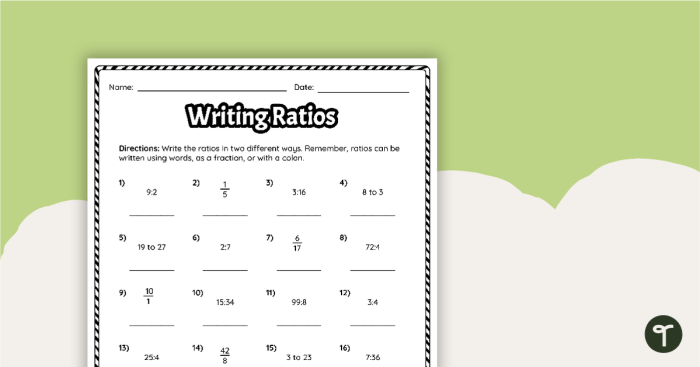 Sixth grade math worksheet for practicing how to write ratios from word problems