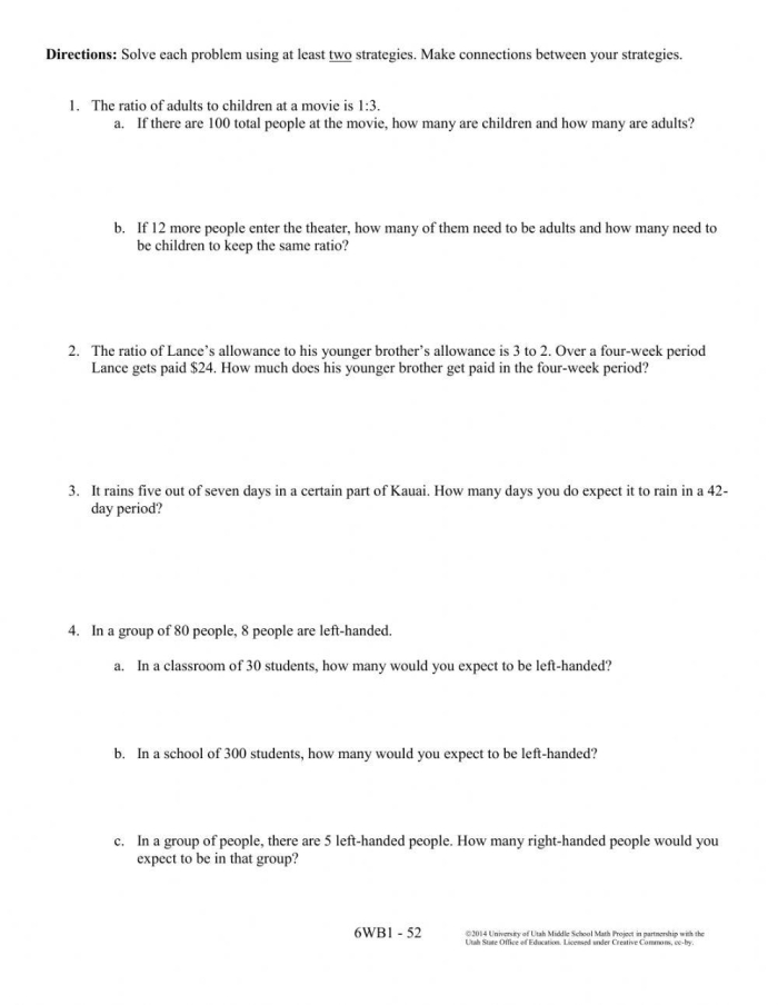 Sixth grade students practicing math skills with a ratio word problems worksheet