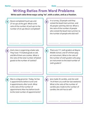 Sixth grade student working through writing ratios from word problems on a math worksheet