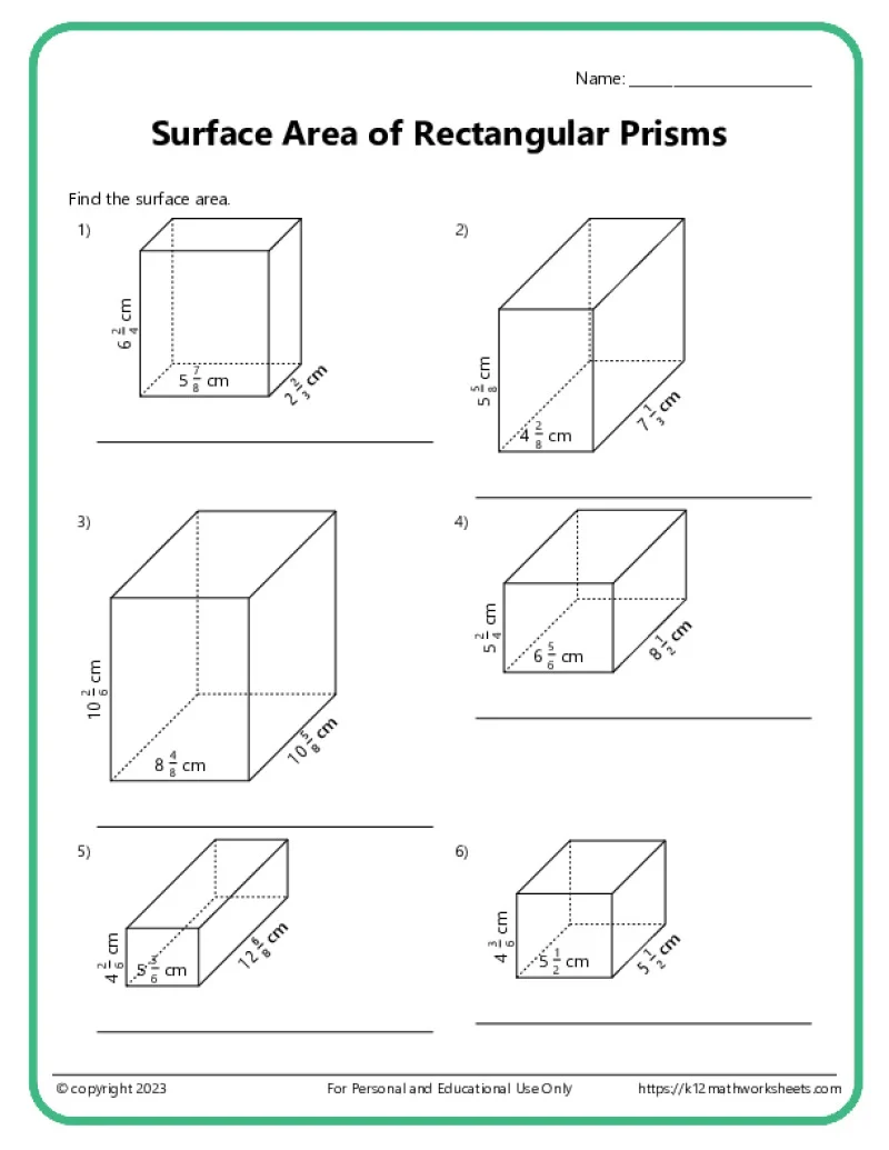 Find the Surface Area of a Rectangular Prism 25 Geometry Exercise Sixth grade math worksheet explaining the steps to calculate the surface area of a rectangular prism