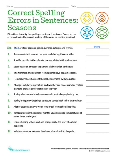 Worksheet for correcting spelling mistakes related to seasons for sixth-grade students