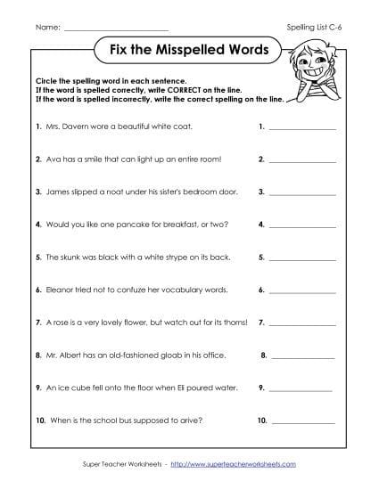 Worksheet for sixth graders focusing on correcting spelling errors related to seasons