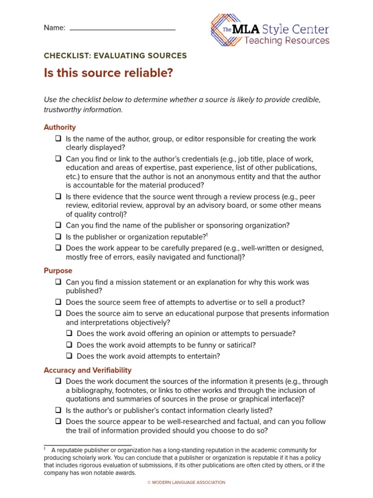 Evaluating Sources Checklist worksheet number 15 for history class research skills Sixth grade history student worksheet titled Evaluating Sources Checklist for analyzing document credibility