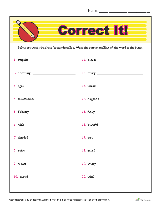 Worksheet for correcting spelling mistakes and misused words for sixth graders