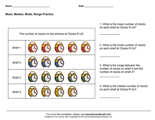 Worksheet featuring practice problems for calculating mean, median, and mode in statistics