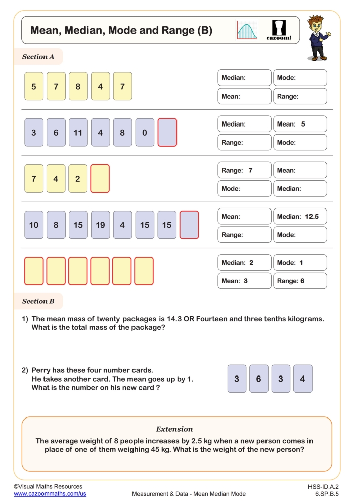 Worksheet for sixth graders focused on describing data with mean, median, mode, and range. Educational resource for teaching statistics concepts in middle school.