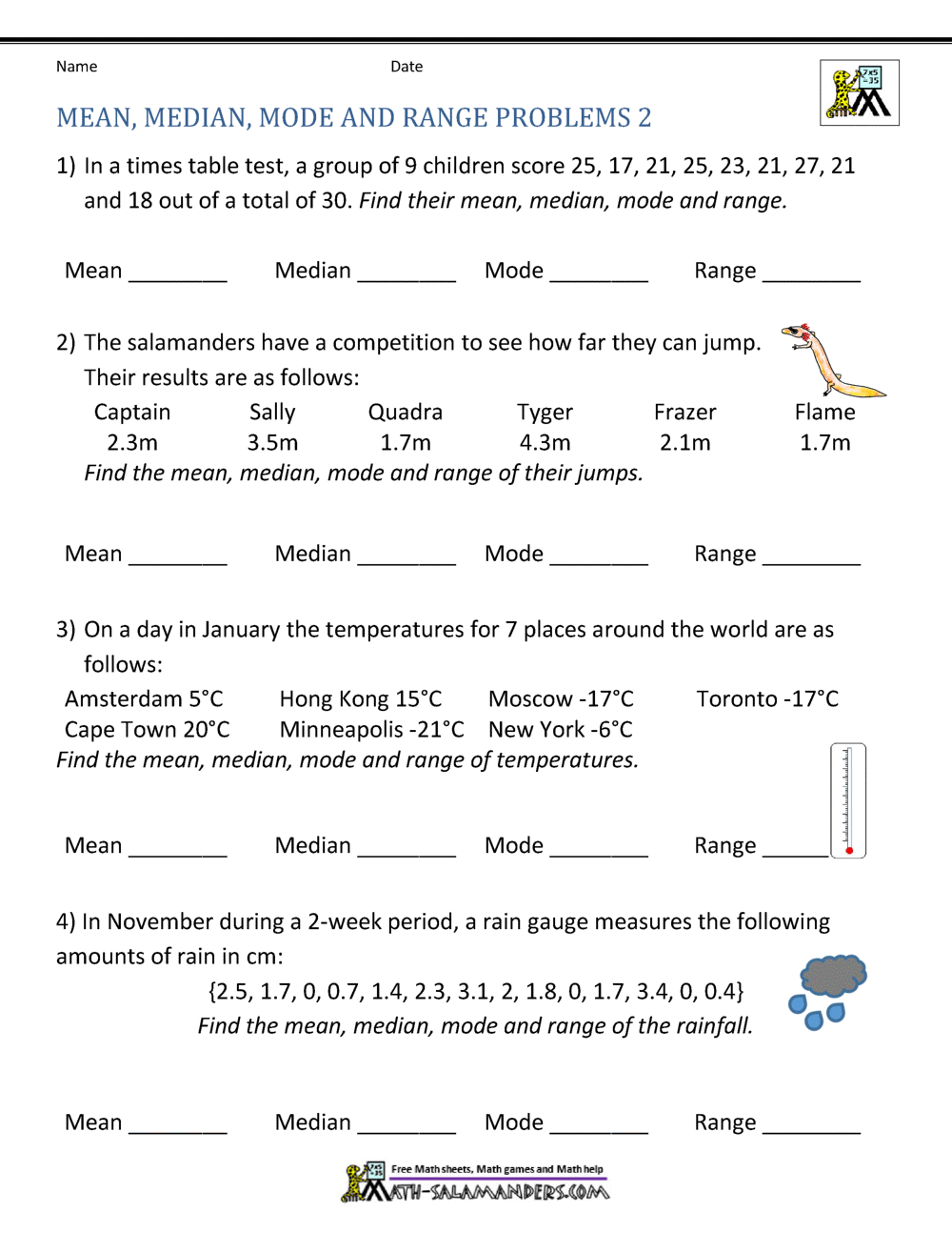 Worksheet for sixth graders on describing data with mean, median, mode, and range. Educational resource to help students grasp statistics concepts.