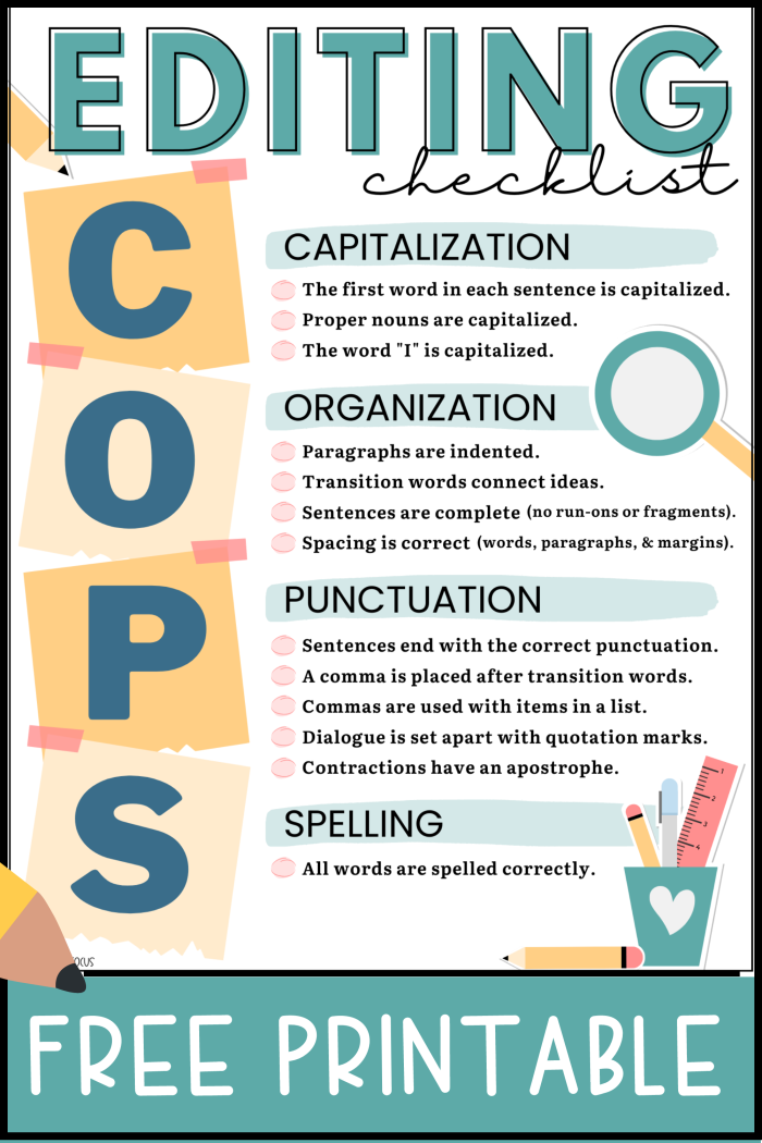 A sixth grade student reviewing an editing checklist worksheet with sections for grammar, mechanics, and writing style improvements