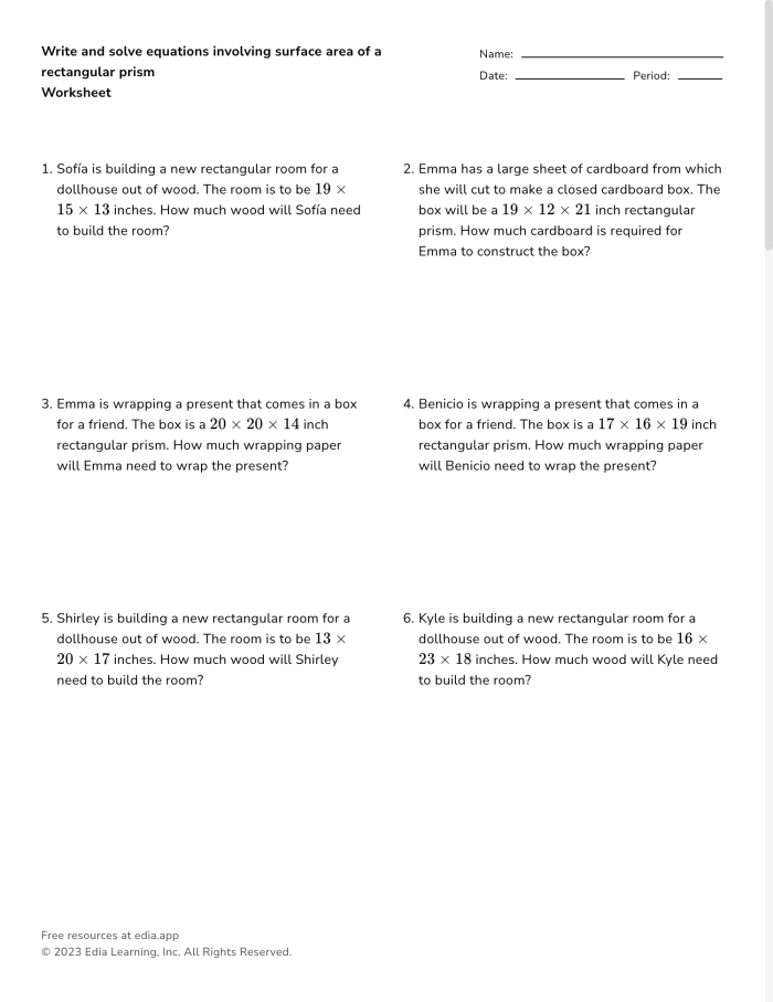 Surface Area Word Problems Worksheet for Sixth Grade Lesson 12 Sixth grade students solving geometry math problems involving surface area calculations for physical science