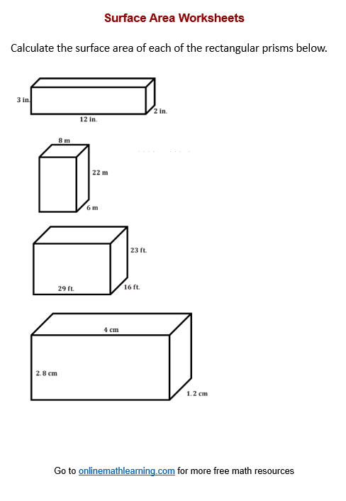 Worksheet for practicing surface area of prisms and pyramids for sixth graders