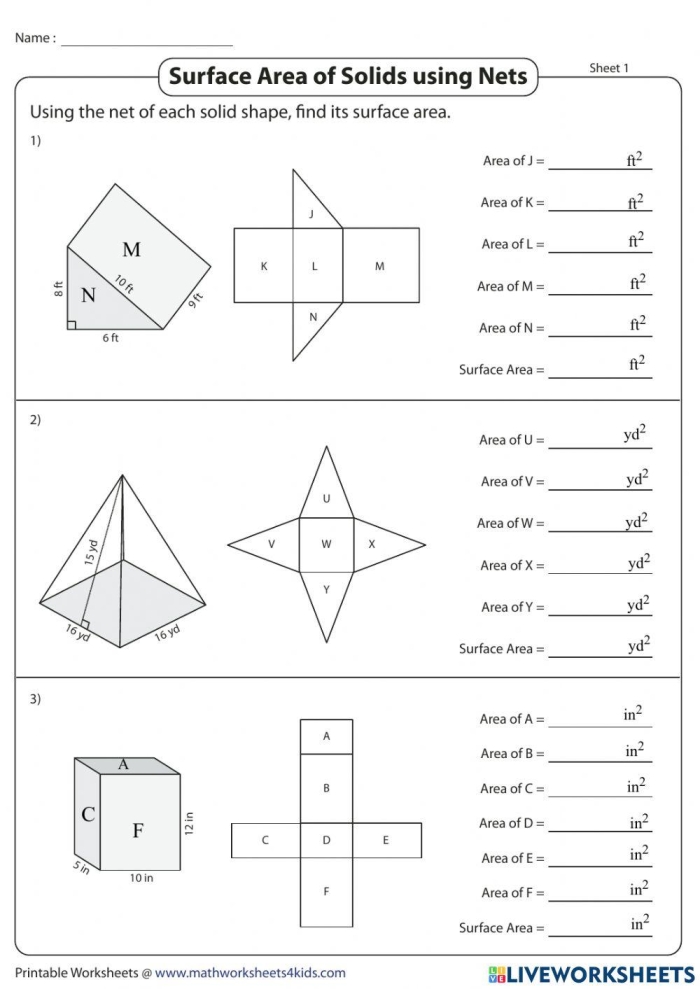 An Introduction to Surface Area Worksheet Number Two Sixth grade math worksheet introducing geometric surface area concepts