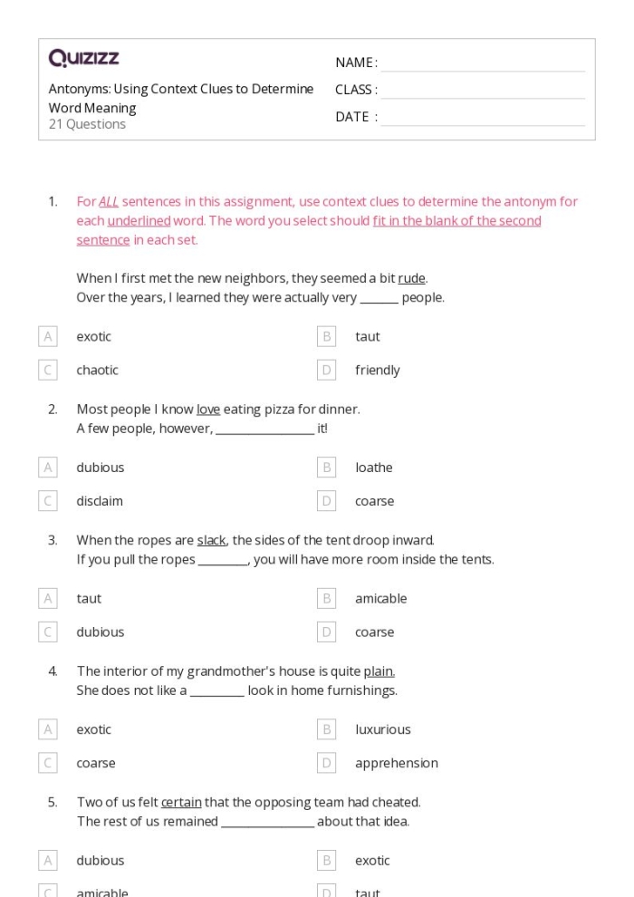 Sixth grade vocabulary worksheet featuring exercises to determine the meaning of words using synonyms in context