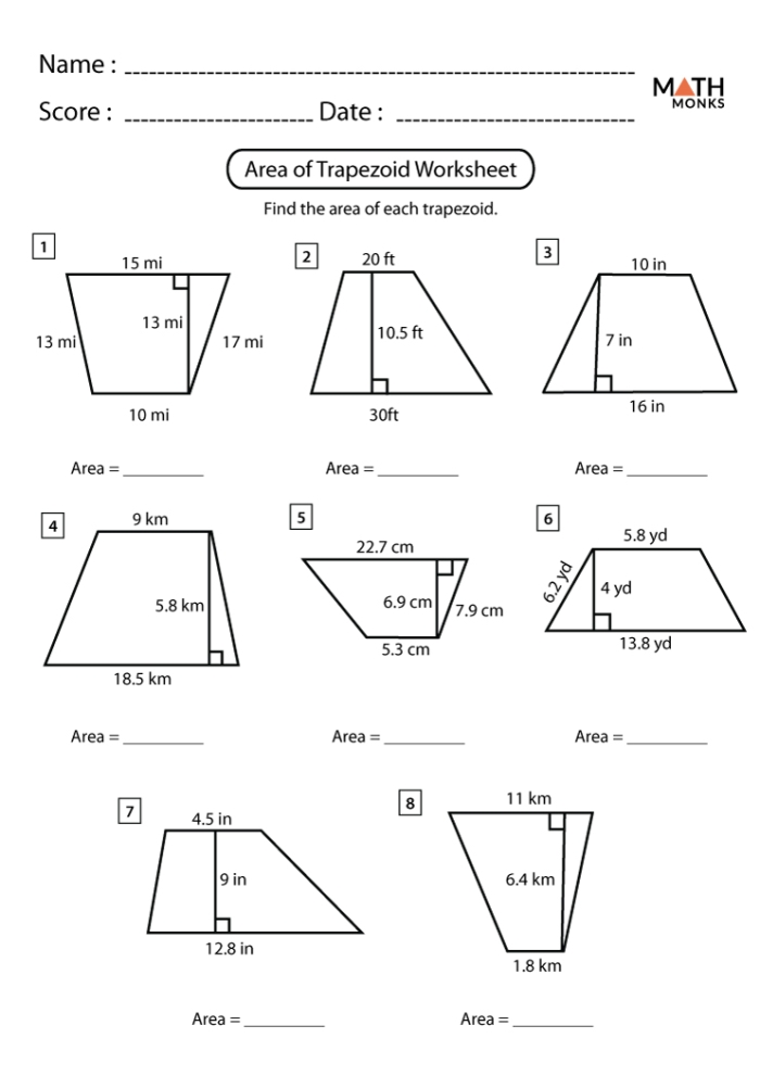 Worksheet for calculating the area of trapezoids for sixth graders