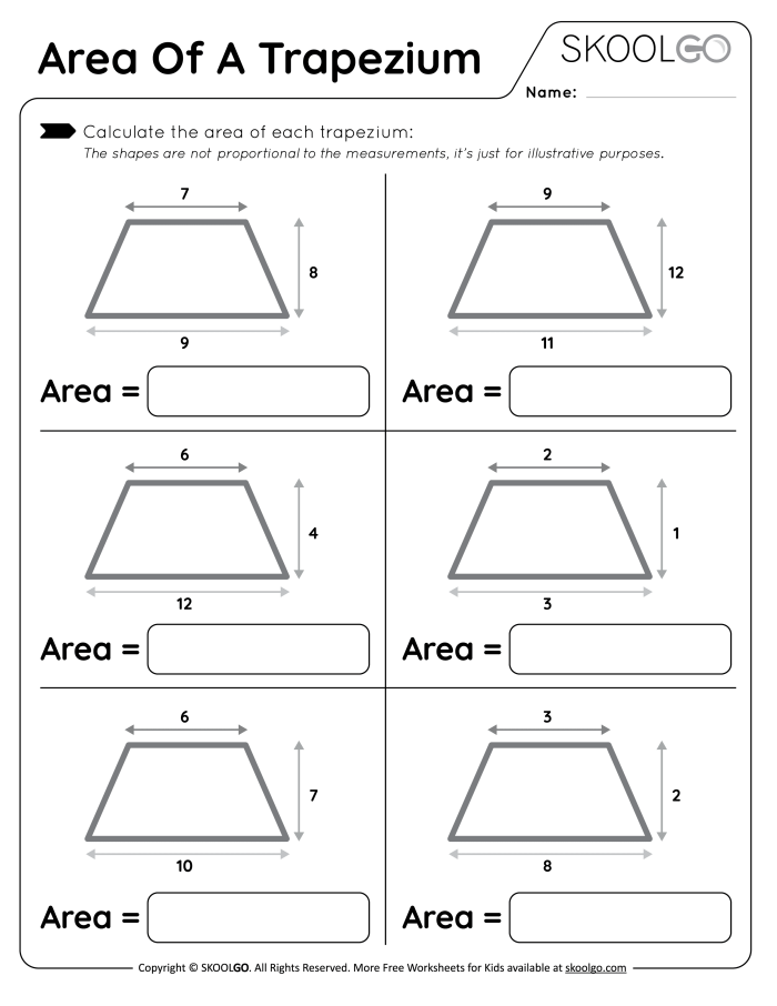 Sixth grade math worksheet featuring geometry problems for calculating the area of trapezoids