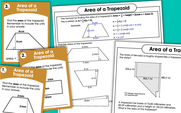 Sixth grade student solving area of trapezoid problems on a practice worksheet with labeled measurements