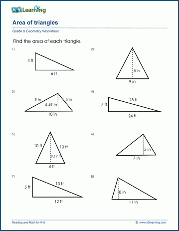 Sixth grade geometry worksheet featuring practice problems for finding the area of a triangle