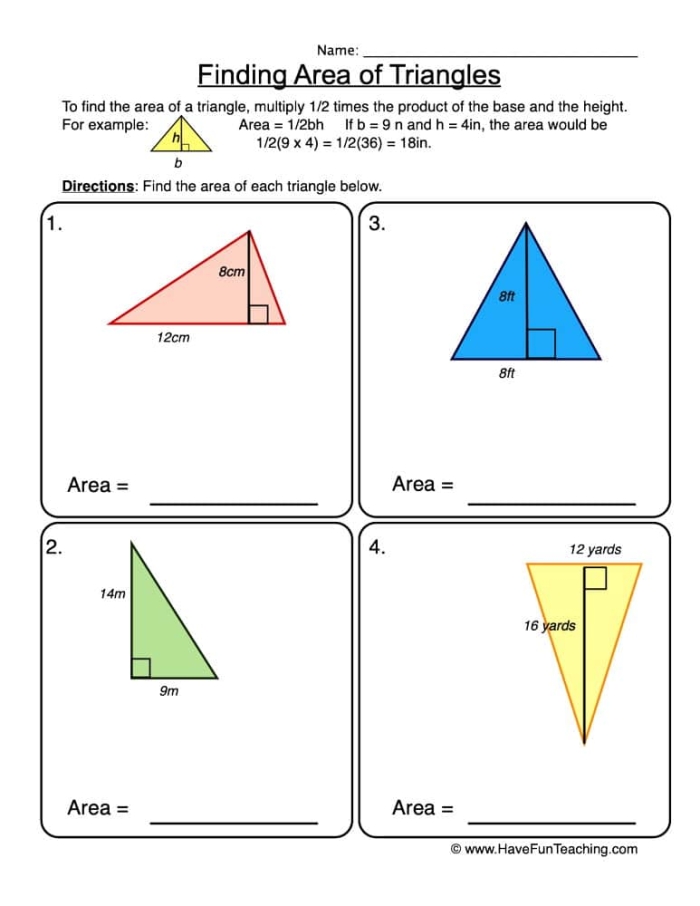 Worksheet featuring exercises on calculating the area of a triangle for sixth graders