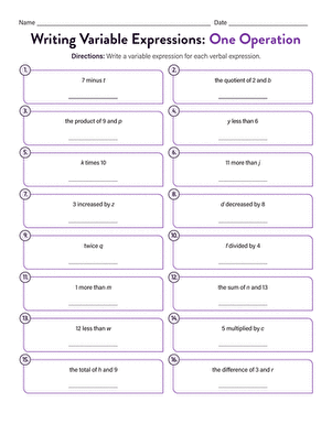 Writing Variable Expressions Two Operations Worksheet Number 22 Sixth grade algebra worksheet for practicing writing variable expressions that involve two operations