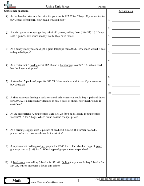 Worksheet for calculating unit prices to determine the best deals in everyday shopping. Engaging sixth-grade geography activity on understanding unit pricing.