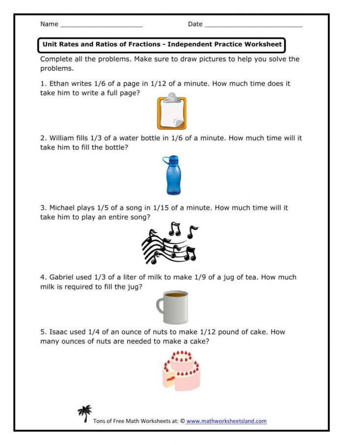 Sixth grade worksheet featuring real-world unit rate word problems for math practice
