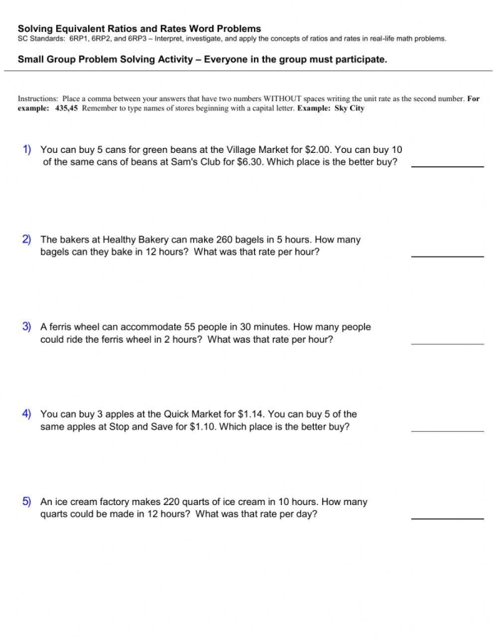 Worksheet featuring unit rate word problems for sixth graders to solve. Engaging exercises to help students grasp unit rates in real-life scenarios.