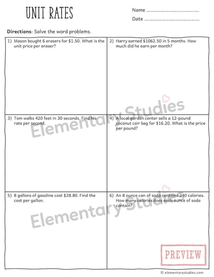 Unit Rate Word Problems worksheet for sixth graders featuring real-world scenarios