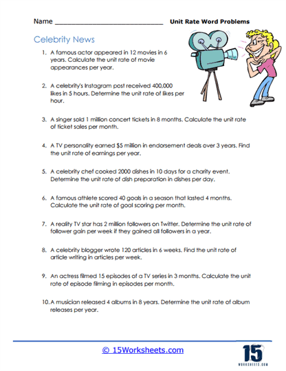 Unit Rate Word Problems worksheet for sixth graders featuring real-world scenarios