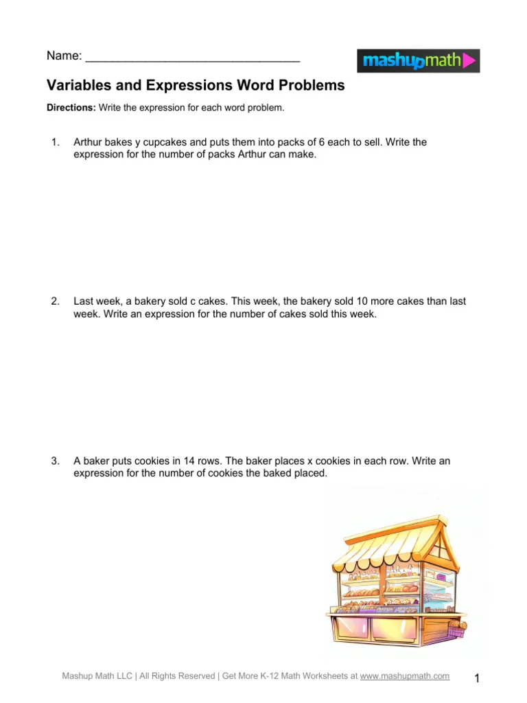 Worksheet on choosing variable expressions to model word problems for sixth graders A sixth-grade student working on a worksheet about variable expressions for word problems
