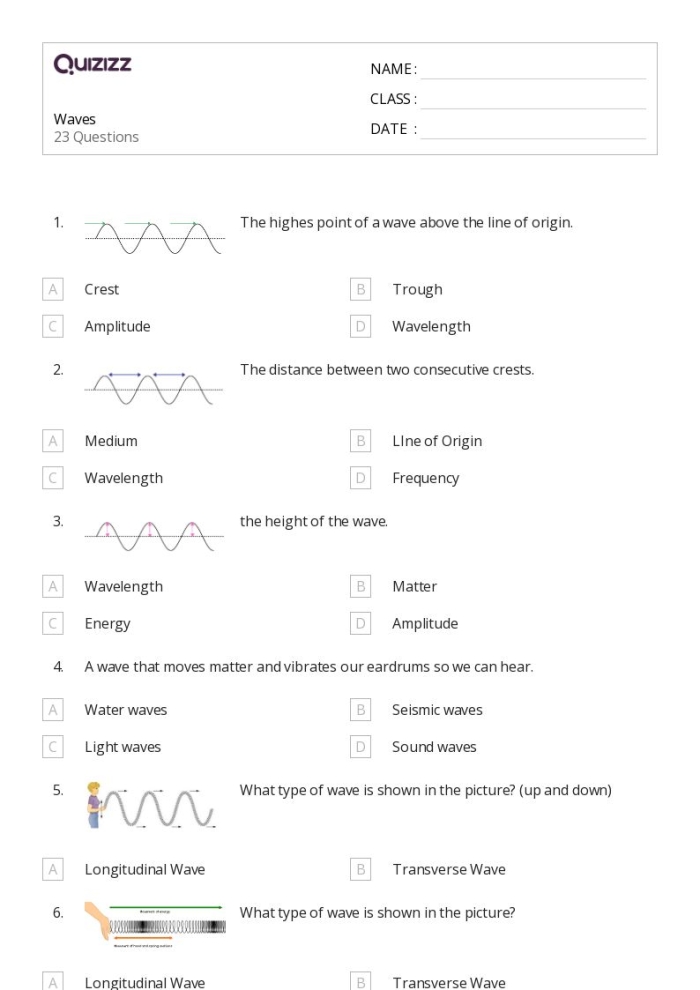 Sixth grade science worksheet focused on wave energy amplitude and frequency part two