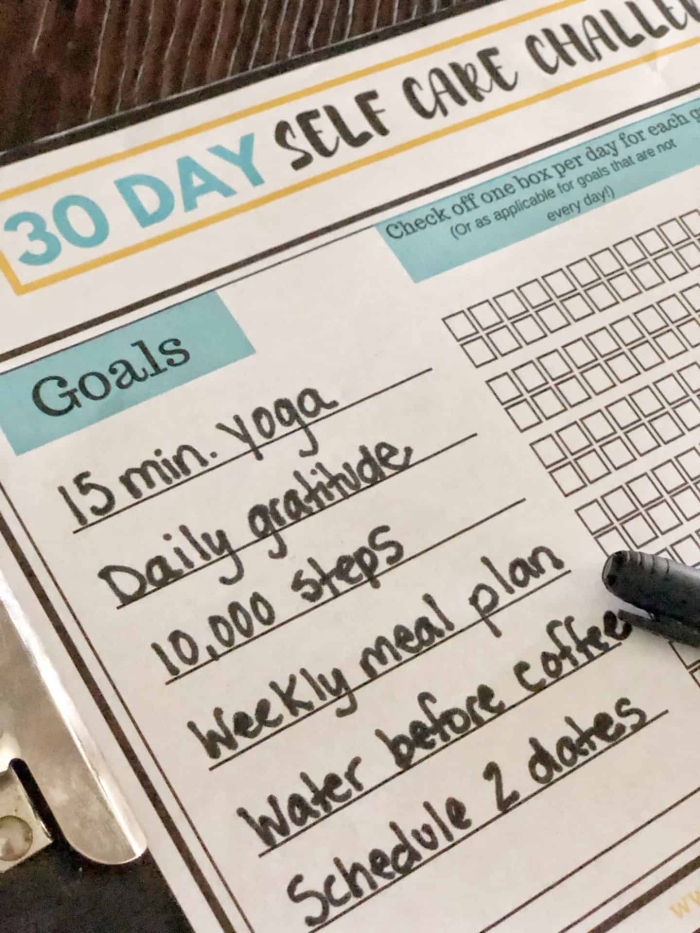 Self-Care Challenge worksheet designed for sixth graders to promote healthy habits over 30 days