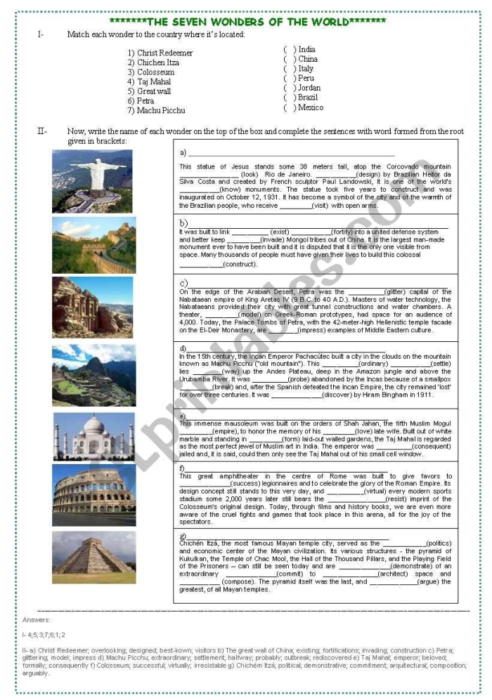 Students researching the New Seven Wonders of the World landmarks for a sixth grade math worksheet activity