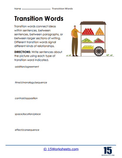 Sixth grade worksheet featuring various transition words to improve informational writing skills