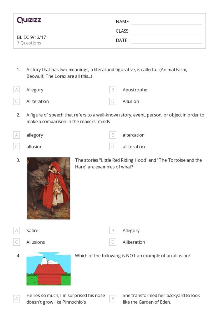 Seventh grade student completing a worksheet on identifying the meanings of common allusions in life science context