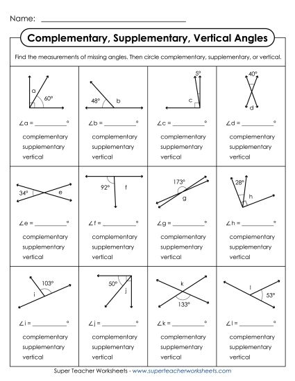 Seventh grade math worksheet featuring geometry problems about identifying complementary supplementary vertical and adjacent angles