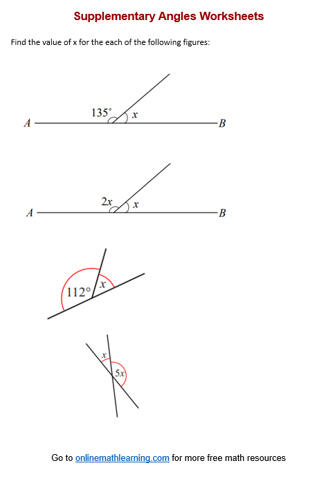 Worksheet illustrating complementary and supplementary angles for seventh-grade students