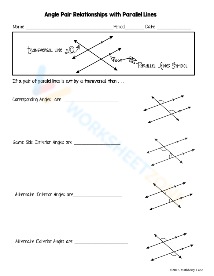 Angle Relationships Handout worksheet for seventh-grade geometry students to enhance understanding of angle concepts