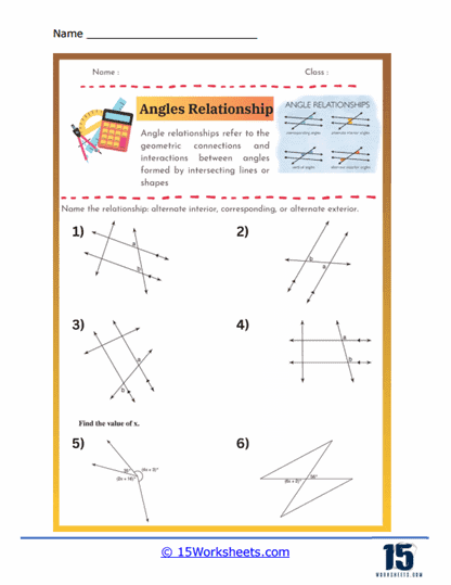 Seventh grade geometry worksheet featuring various angle relationships for students to practice