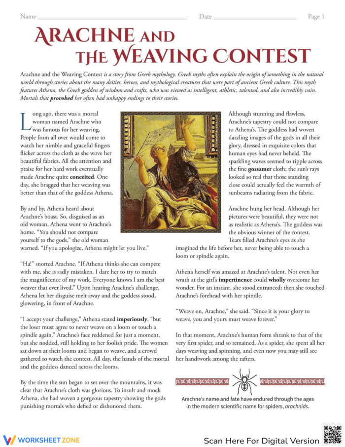 Reading comprehension worksheet focused on Arachne and the Weaving Contest for seventh graders