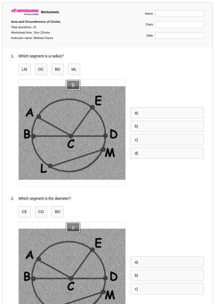 Worksheet for calculating the area of circles, designed for seventh-grade students