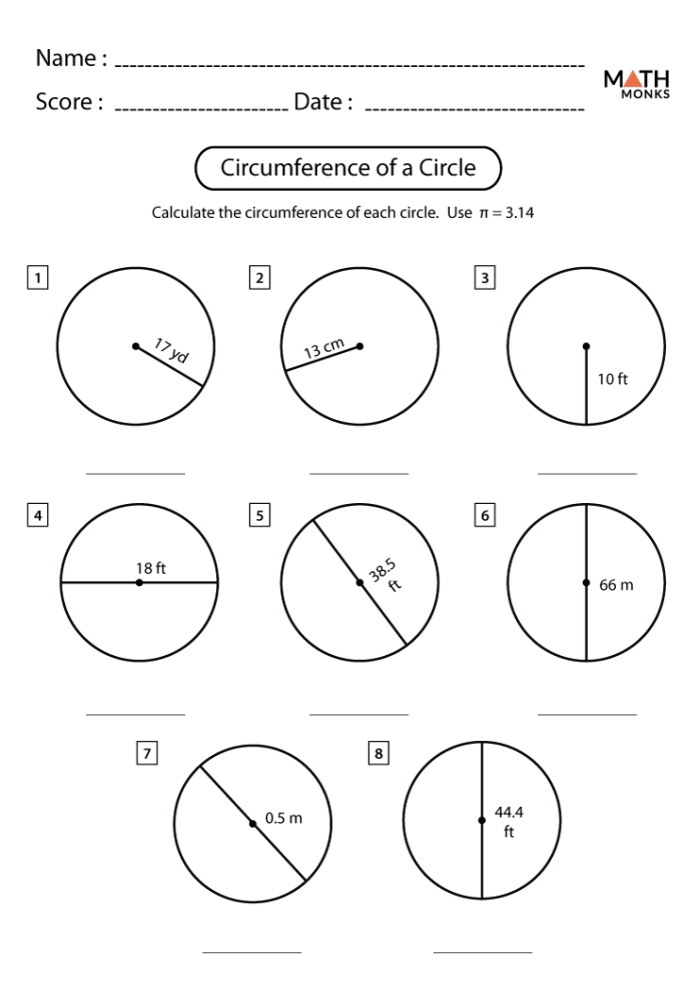 Seventh grade math worksheet focusing on calculating the circumference of circles