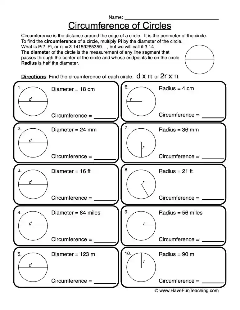 Seventh-grade mathematics worksheet focused on calculating the circumference of circles