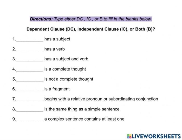 Seventh grade grammar worksheet focusing on identifying independent and dependent clauses within complex sentences