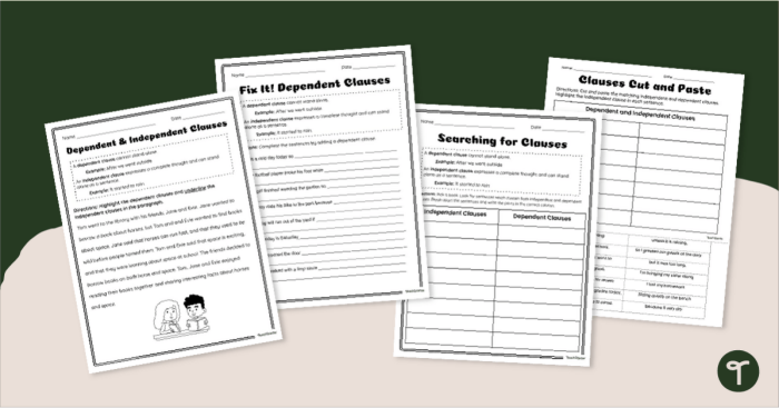 Seventh grade grammar worksheet focusing on identifying independent and dependent clauses in complex sentences