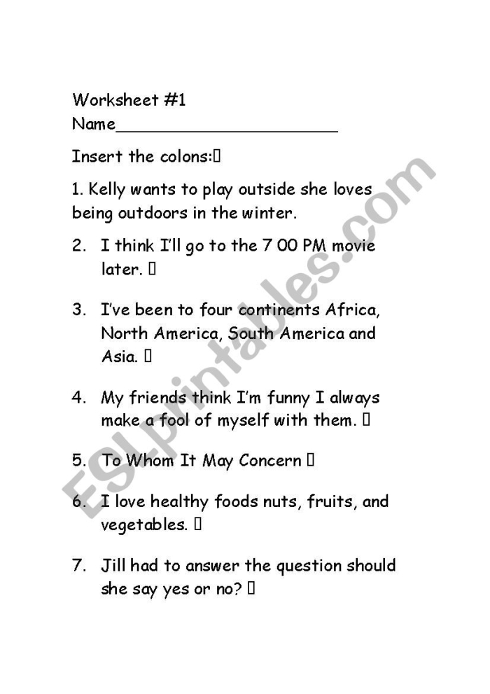 Seventh grade students practicing colon usage on an educational worksheet