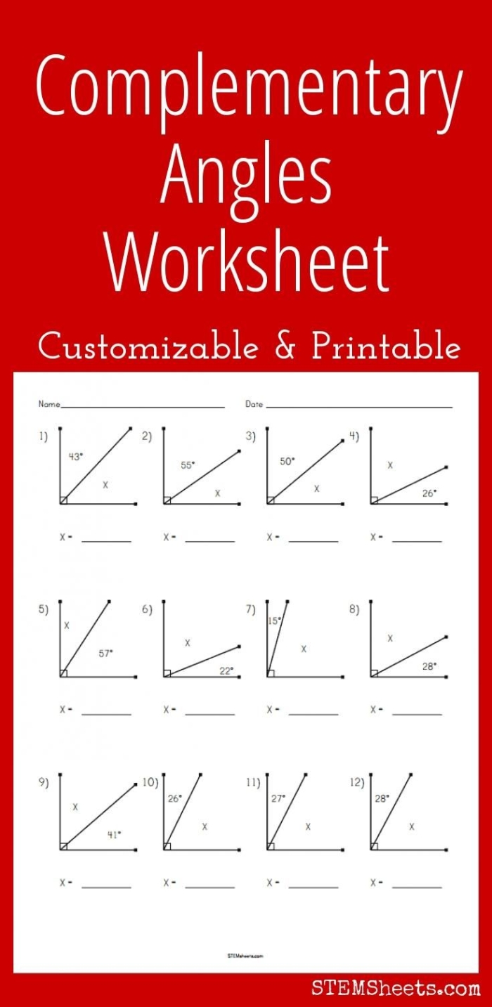 Seventh grade math worksheet featuring geometry problems about calculating complementary angles totaling 90 degrees